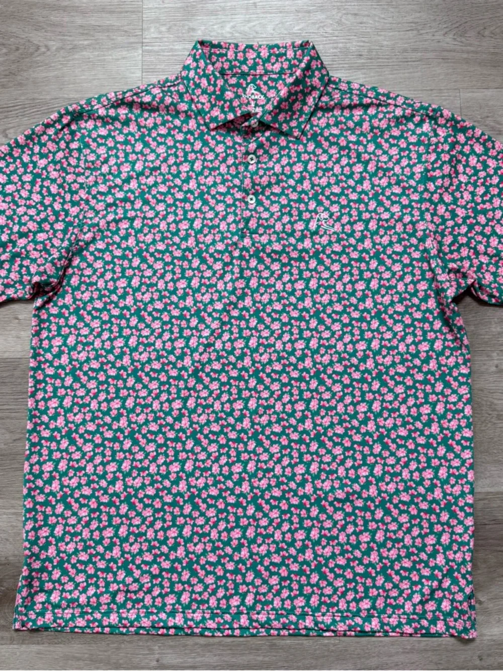 Rhoback Golf Polo Shirt Mens L Green Pink Azalea Flowers Floral Masters Print - Picture 2 of 7